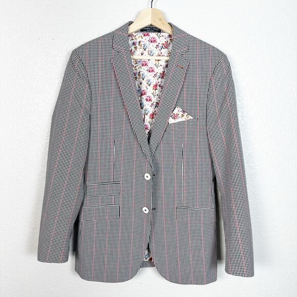 Paisley & Gray Mens Dover Notch Slim Fit Blazer Suit Jacket Black Red Check 40R - Picture 1 of 15